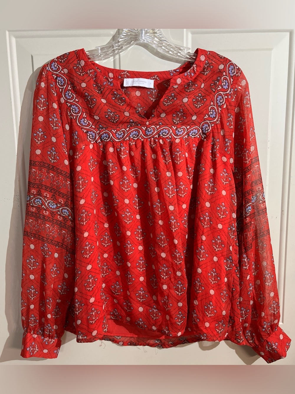 Lucky Brand Red Paisley Peasant Blouse with Blue Accents